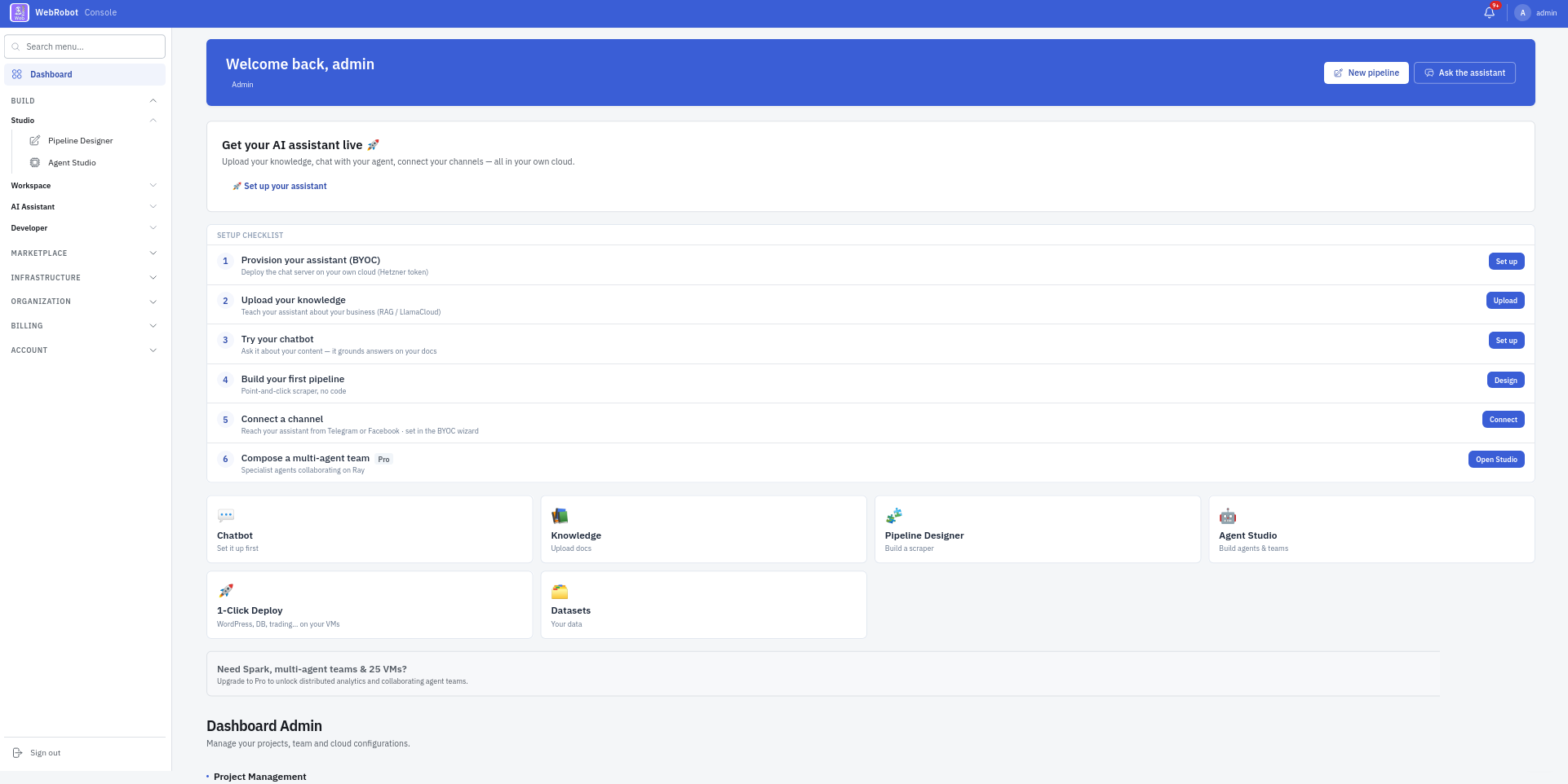 The WebRobot Console: dashboard with the setup checklist, Pipeline Designer, Agent Studio, Knowledge and 1-click deploy